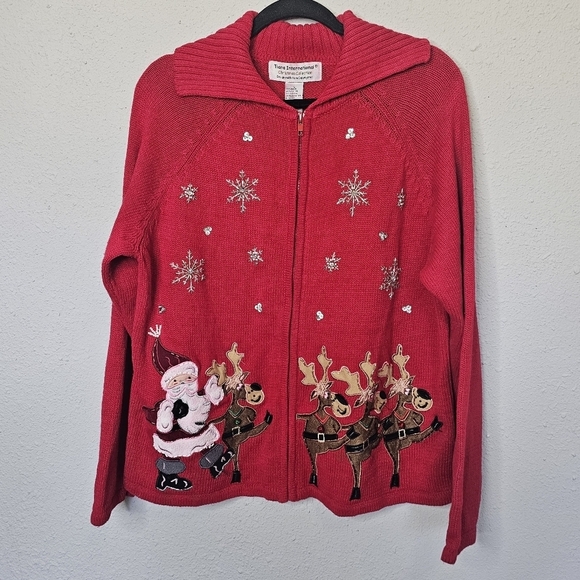 Tiara International Christmas Sweater Cardigan Womens Large Santa Reindeers Bead - Picture 1 of 13